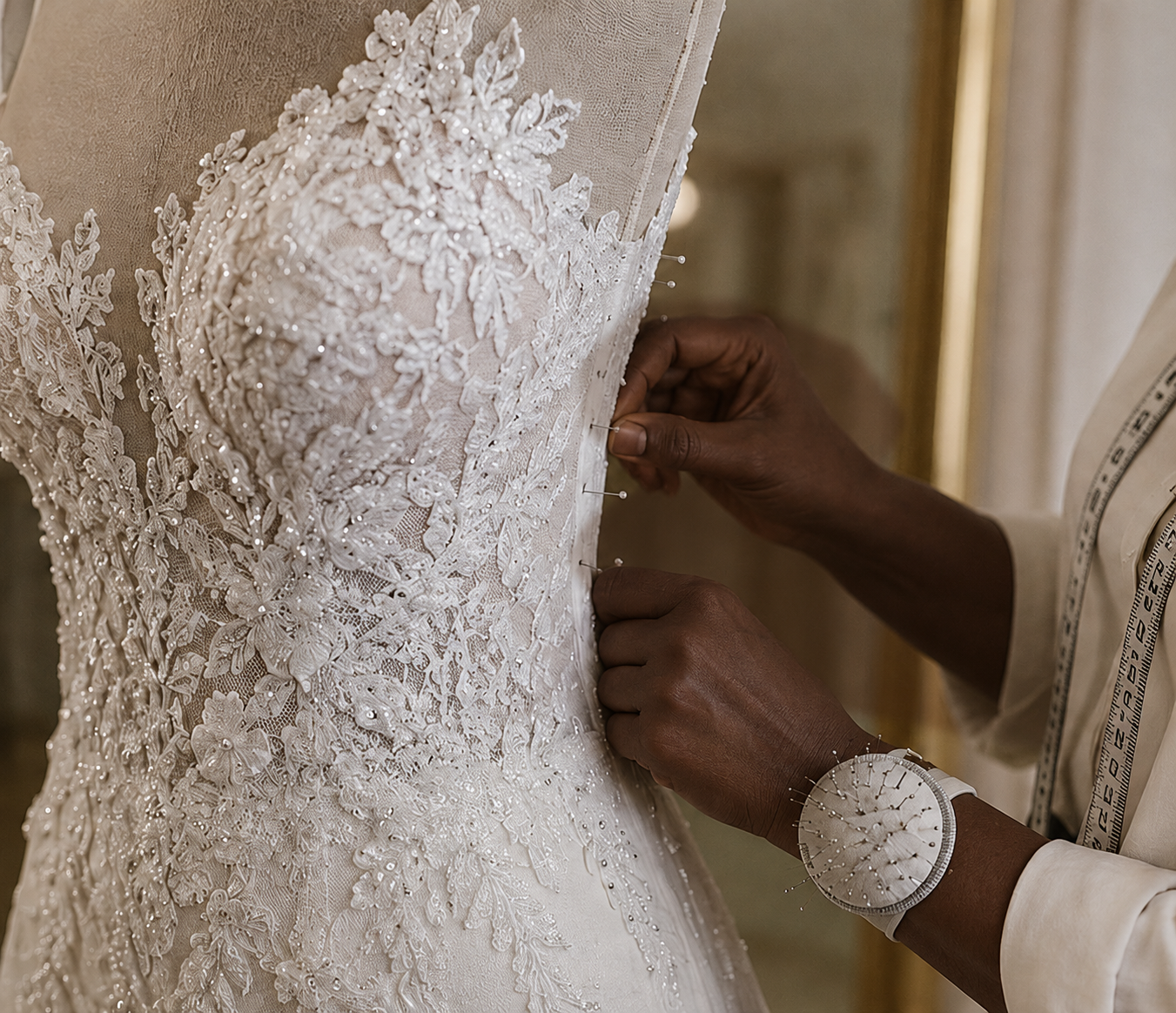 Wedding dress alteration pinning close up